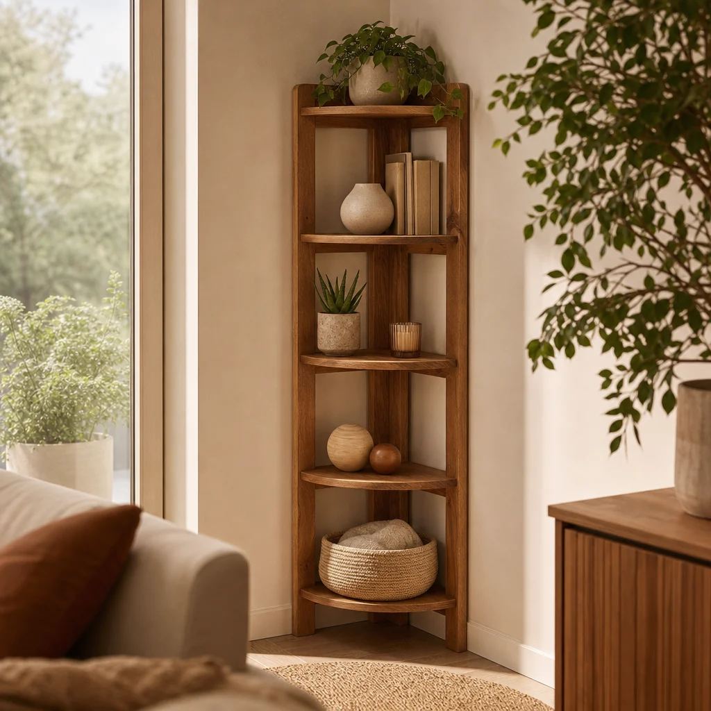 eckregal holz mit Büchern und Pflanzen in einer ordentlich gestalteten Wohnzimmerecke